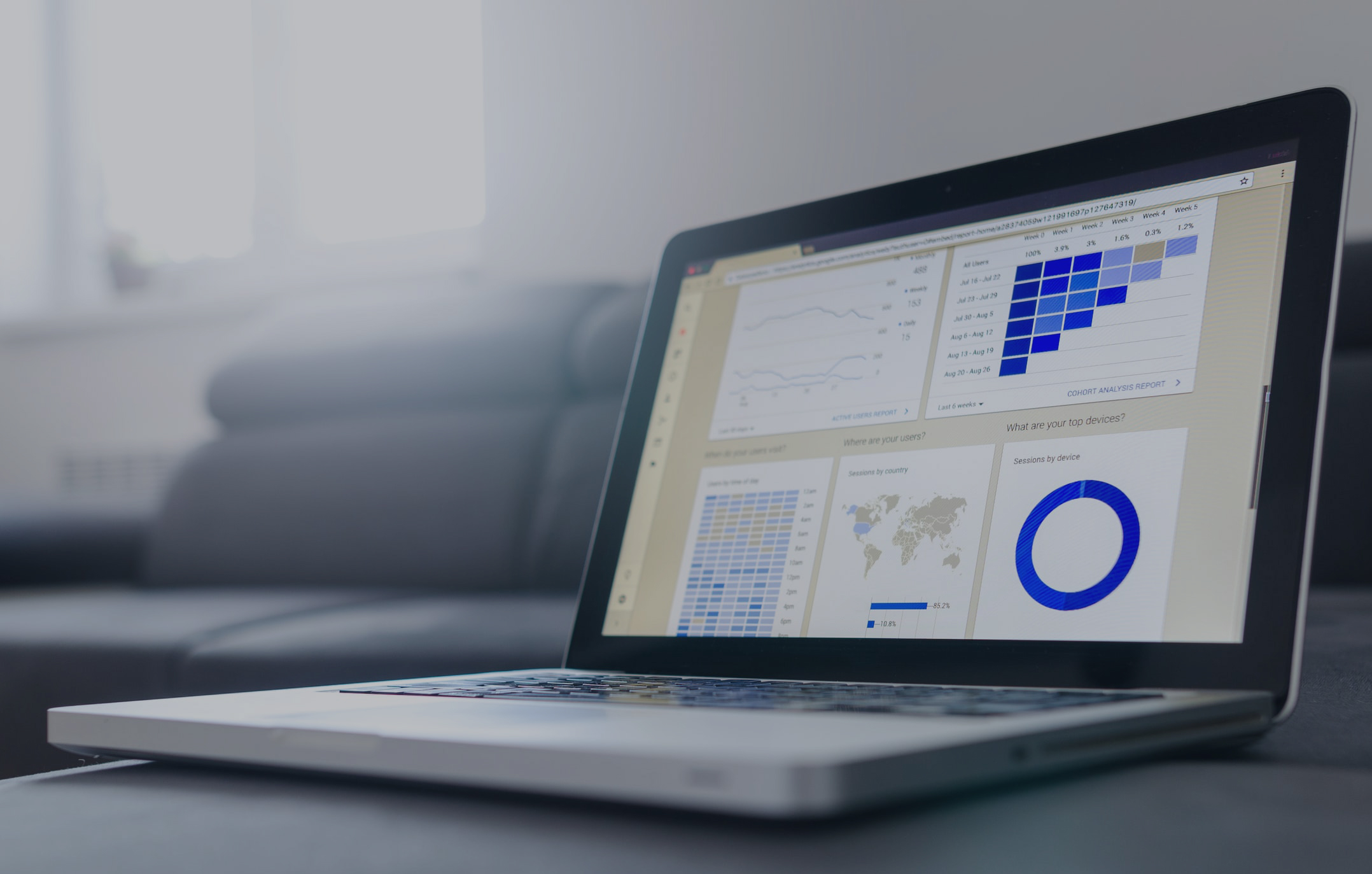 Analytics on a laptop with a cup beside it